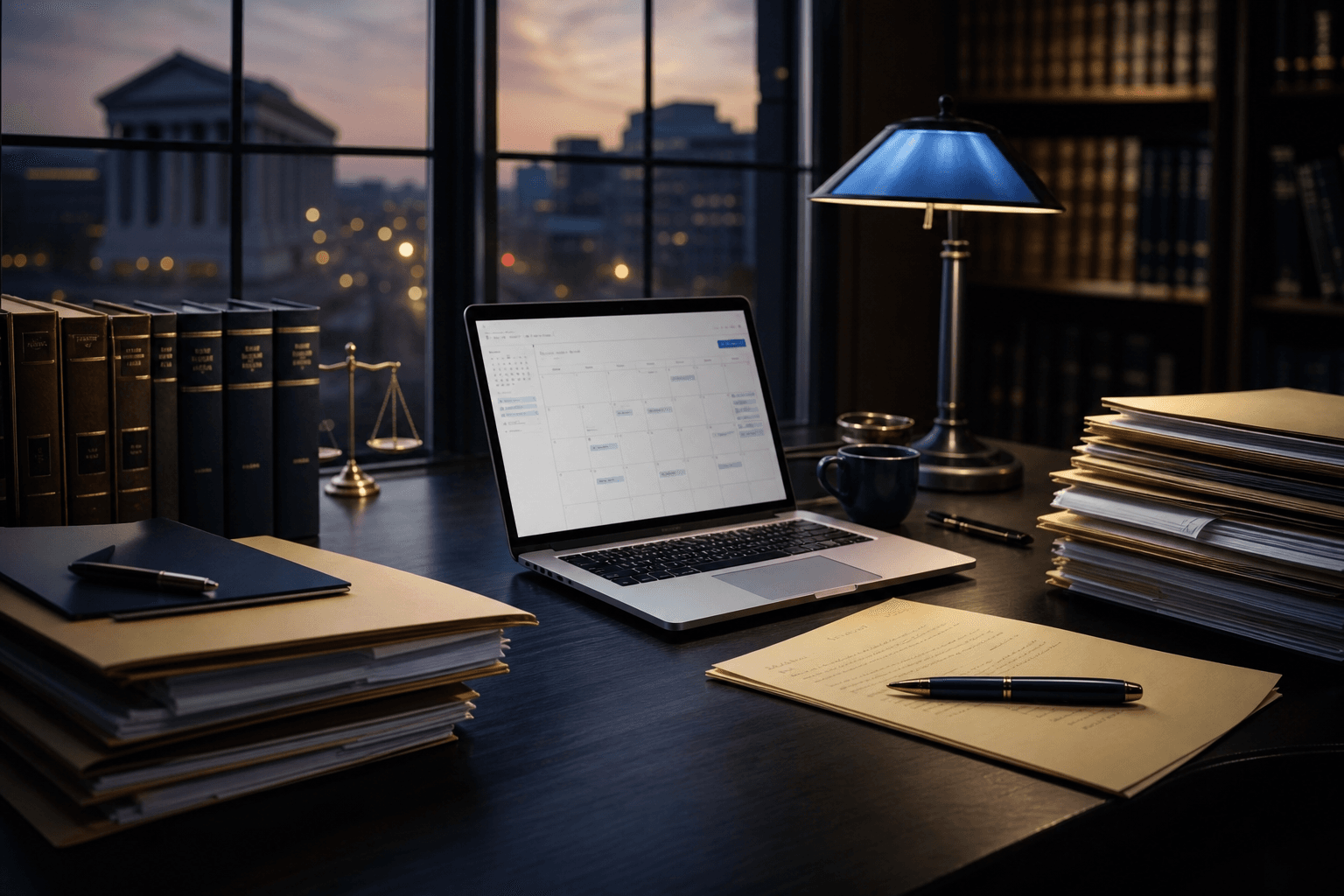 A prepared law office desk with case files and a laptop ready for hearing week