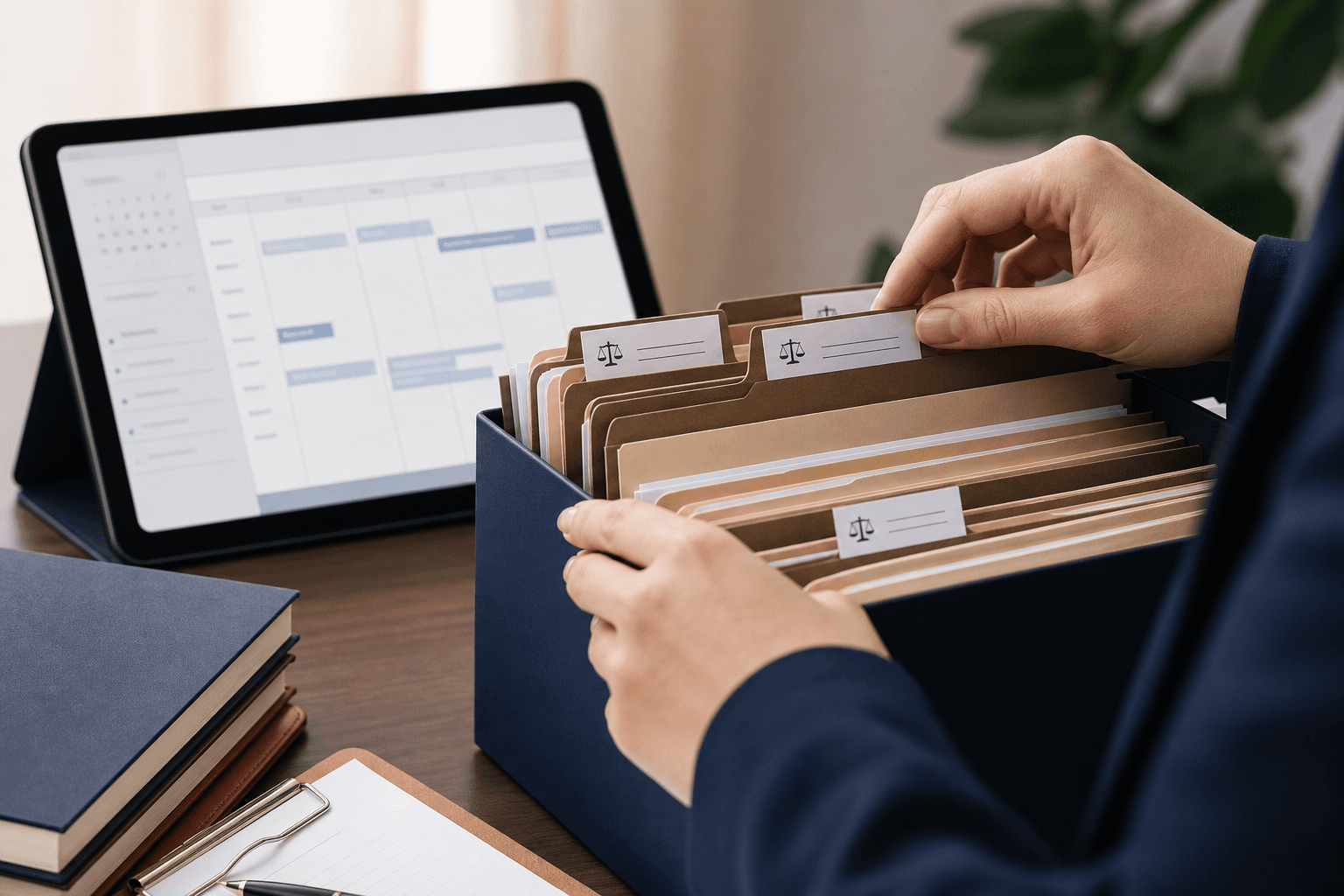 Hands organizing labeled case folders beside a tablet schedule
